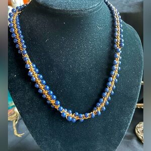 Napier Signed VTG Blue and Gold beaded Spiral Necklace